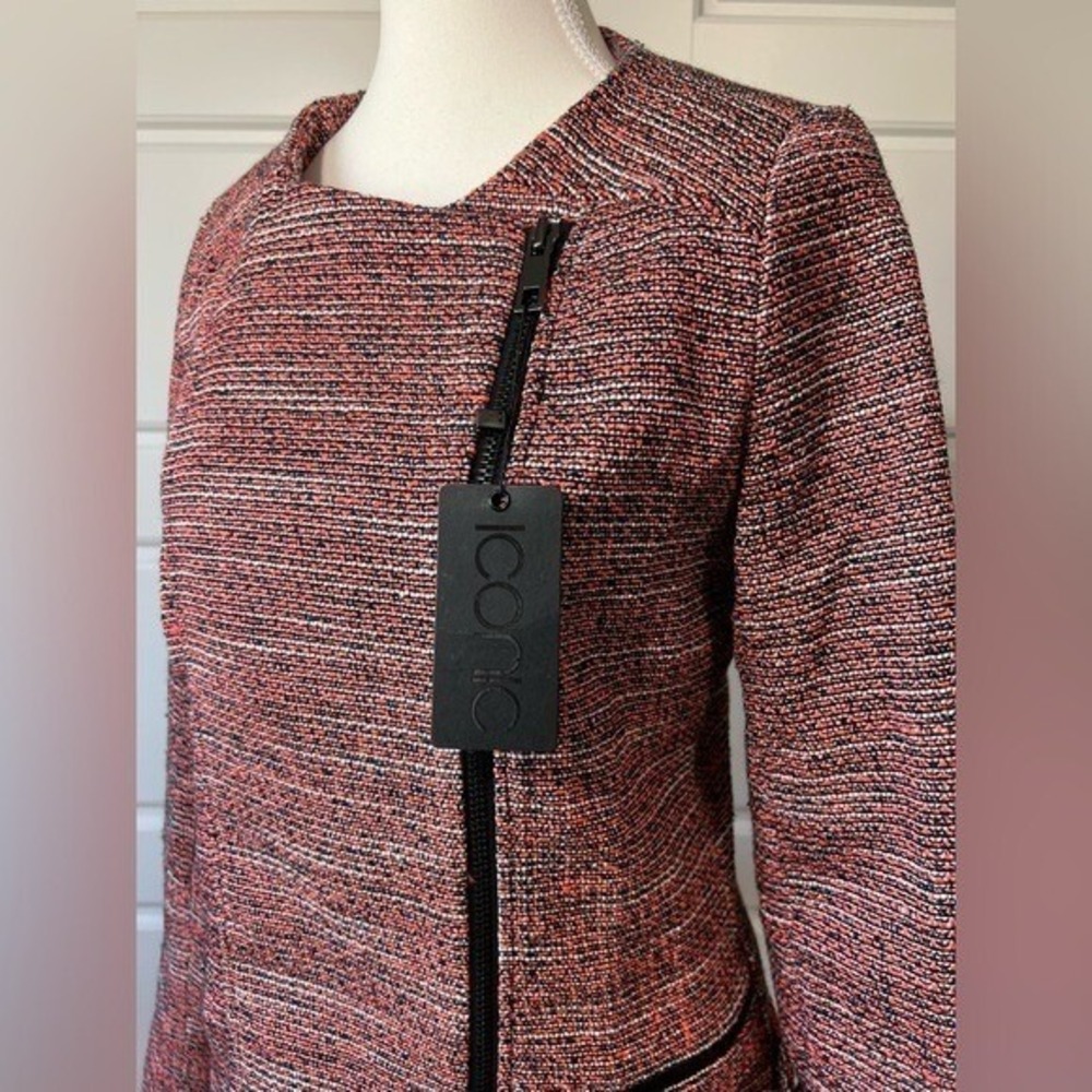 NWT Iconic Trend Asymmetric Zip Jacket Women 12 Black Neon Orange Tweed Moto - Picture 9 of 14